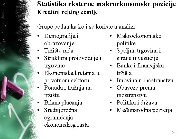 Statistika eksterne makroekonomske pozicije Kreditni rejting zemlje Grupe podataka koji se koriste u analizi: