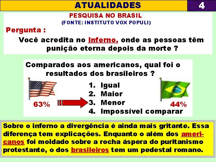 ATUALIDADES PESQUISA NO BRASIL 4 (FONTE: INSTITUTO VOX POPULI) Pergunta : Você acredita no