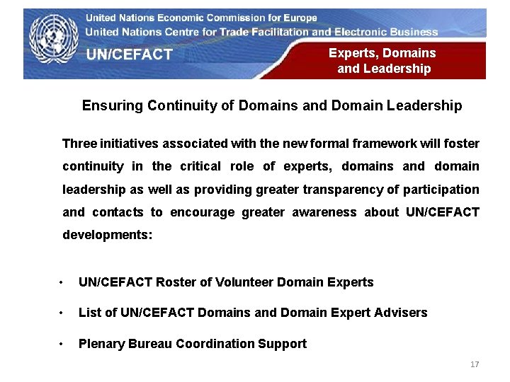 UN Economic Commission for Europe Experts, Domains and Leadership Ensuring Continuity of Domains and