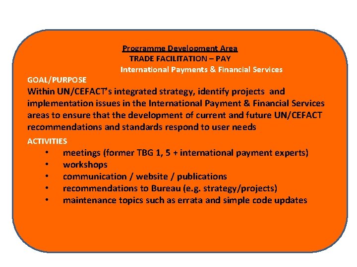 GOAL/PURPOSE Programme Development Area TRADE FACILITATION – PAY International Payments & Financial Services Within