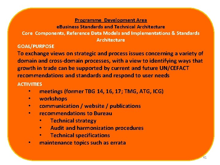 Programme Development Area e. Business Standards and Technical Architecture Components, Reference Data Models and