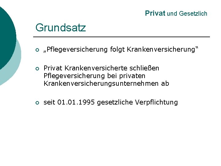 Privat und Gesetzlich Grundsatz ¡ „Pflegeversicherung folgt Krankenversicherung“ ¡ Privat Krankenversicherte schließen Pflegeversicherung bei