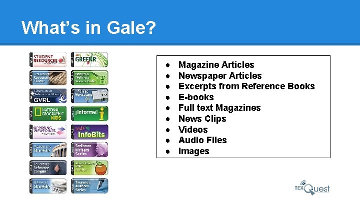 What’s in Gale? ● ● ● ● ● Magazine Articles Newspaper Articles Excerpts from