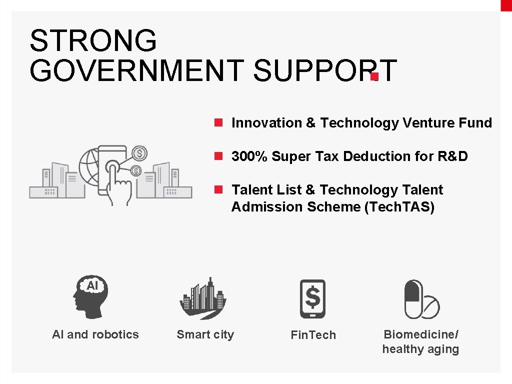 STRONG GOVERNMENT SUPPORT n Innovation & Technology Venture Fund n 300% Super Tax Deduction