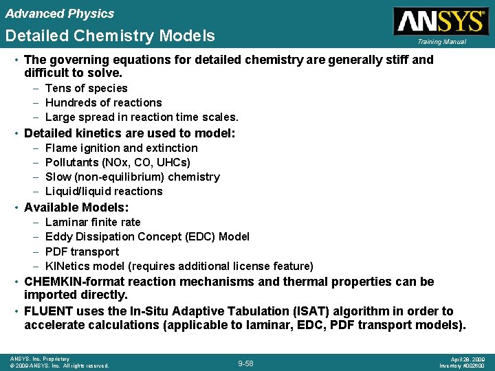 Advanced Physics Detailed Chemistry Models Training Manual • The governing equations for detailed chemistry