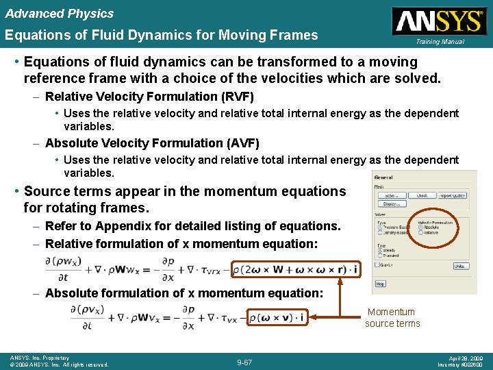 Advanced Physics Equations of Fluid Dynamics for Moving Frames Training Manual • Equations of