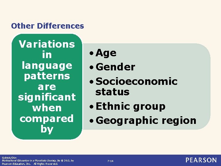Other Differences Variations in language patterns are significant when compared by Gollnick/Chin Multicultural Education