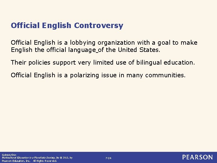 Official English Controversy Official English is a lobbying organization with a goal to make