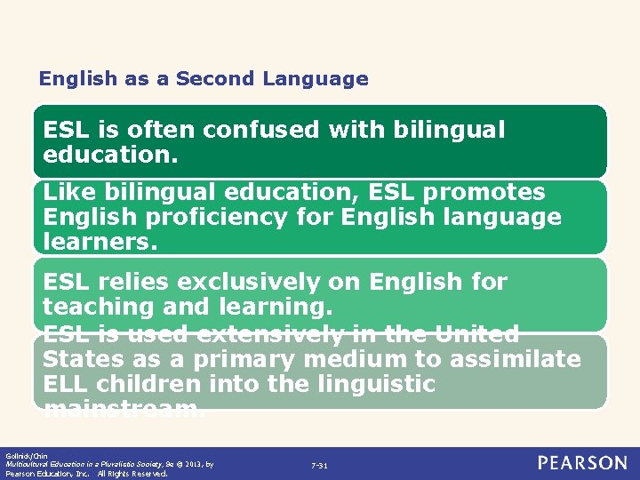 English as a Second Language ESL is often confused with bilingual education. Like bilingual