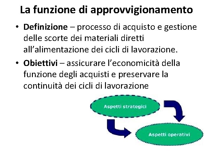 La funzione di approvvigionamento • Definizione – processo di acquisto e gestione delle scorte