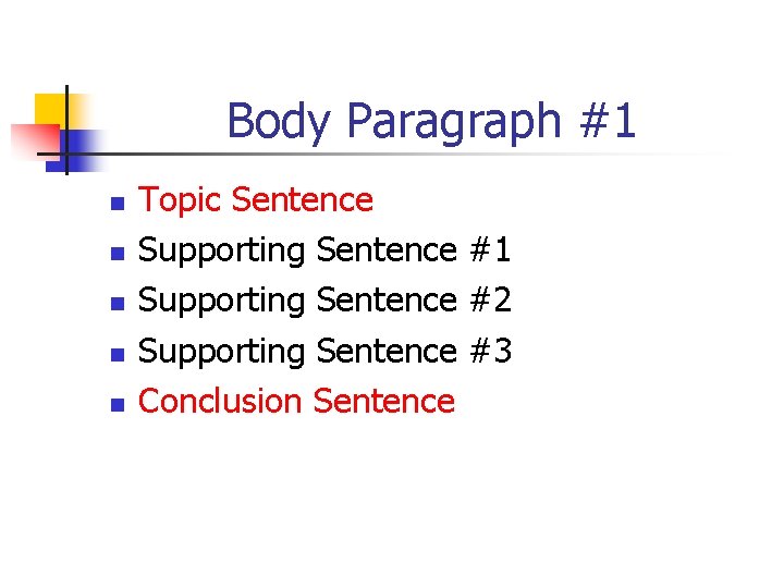 Body Paragraph #1 n n n Topic Sentence Supporting Sentence #1 Supporting Sentence #2