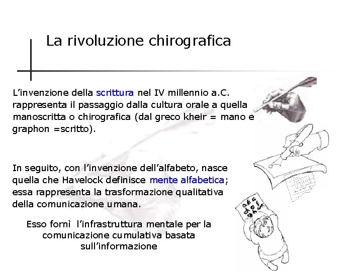 La rivoluzione chirografica L’invenzione della scrittura nel IV millennio a. C. rappresenta il passaggio