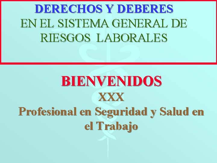 DERECHOS Y DEBERES EN EL SISTEMA GENERAL DE RIESGOS LABORALES BIENVENIDOS XXX Profesional en