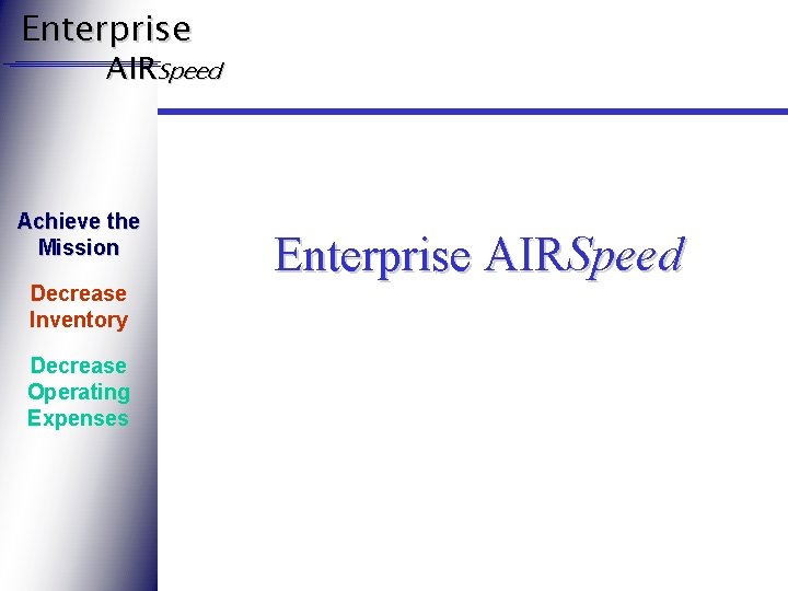 Enterprise AIRSpeed Achieve the Mission Decrease Inventory Decrease Operating Expenses Enterprise AIRSpeed 