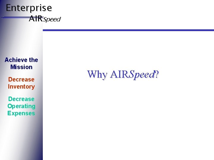 Enterprise AIRSpeed Achieve the Mission Decrease Inventory Decrease Operating Expenses Why AIRSpeed? 