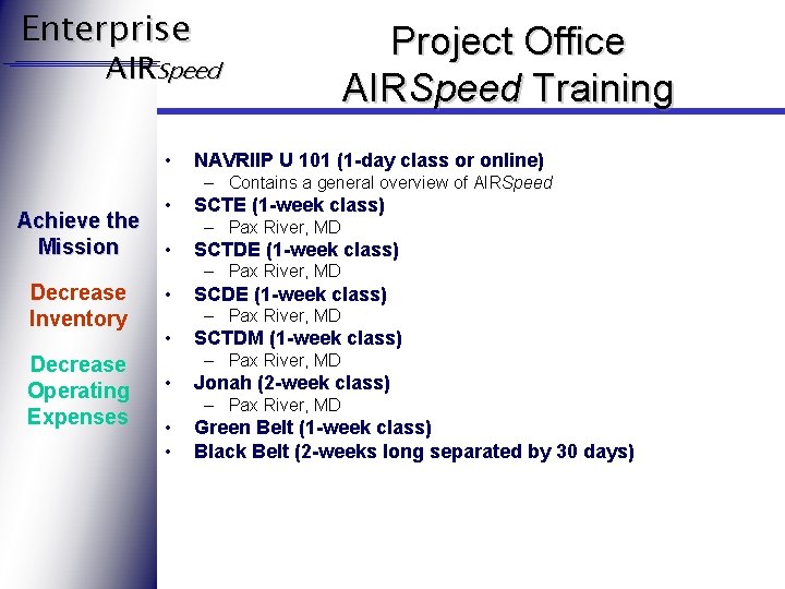Enterprise AIRSpeed • Project Office AIRSpeed Training NAVRIIP U 101 (1 -day class or