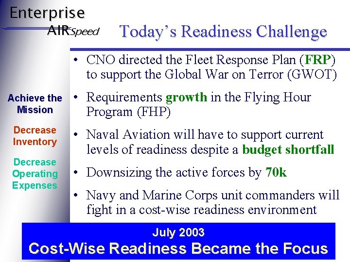 Enterprise AIRSpeed Today’s Readiness Challenge • CNO directed the Fleet Response Plan (FRP) to