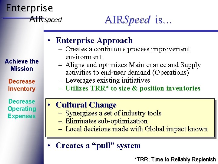 Enterprise AIRSpeed is… • Enterprise Approach Achieve the Mission Decrease Inventory Decrease Operating Expenses
