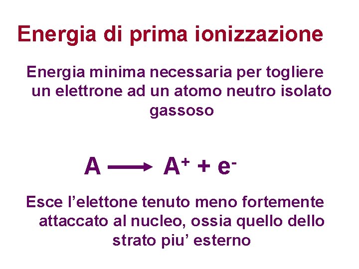 Energia di prima ionizzazione Energia minima necessaria per togliere un elettrone ad un atomo Energia di prima ionizzazione Energia minima necessaria per togliere un elettrone ad un atomo