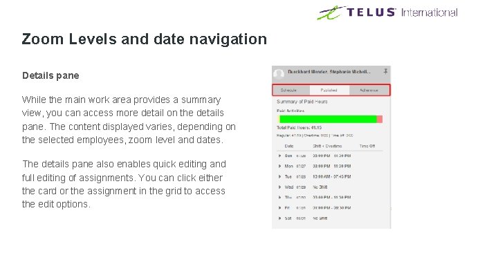Zoom Levels and date navigation Details pane While the main work area provides a Zoom Levels and date navigation Details pane While the main work area provides a
