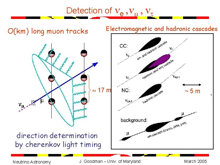 Detection of e , , Electromagnetic and hadronic cascades O(km) long muon tracks 17