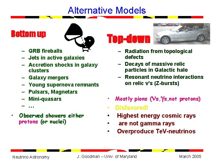 Alternative Models Bottom up Top-down – GRB fireballs – Jets in active galaxies –