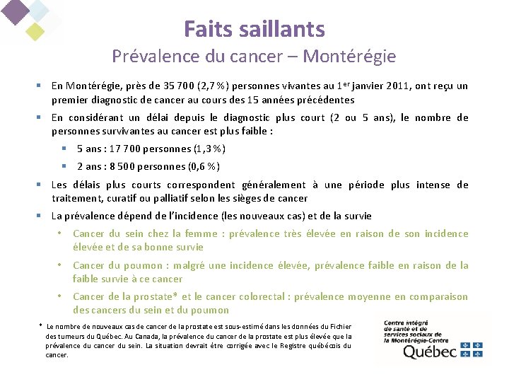 Faits saillants Prévalence du cancer – Montérégie § En Montérégie, près de 35 700