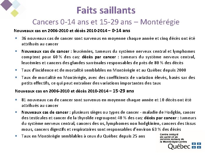 Faits saillants Cancers 0 -14 ans et 15 -29 ans – Montérégie Nouveaux cas