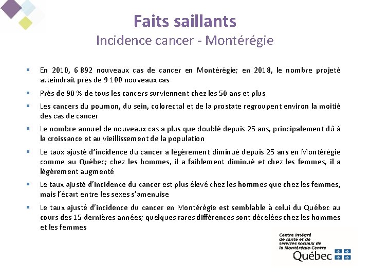 Faits saillants Incidence cancer - Montérégie § En 2010, 6 892 nouveaux cas de