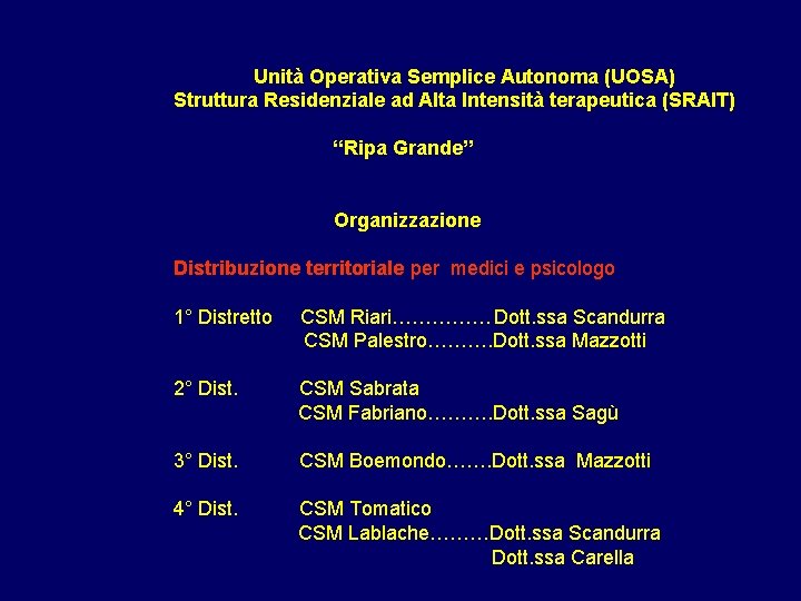 Unità Operativa Semplice Autonoma (UOSA) Struttura Residenziale ad Alta Intensità terapeutica (SRAIT) “Ripa Grande”