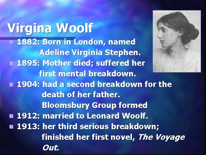 Virgina Woolf n n n 1882: Born in London, named Adeline Virginia Stephen. 1895: