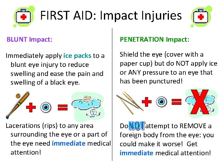 FIRST AID: Impact Injuries BLUNT Impact: PENETRATION Impact: Immediately apply ice packs to a