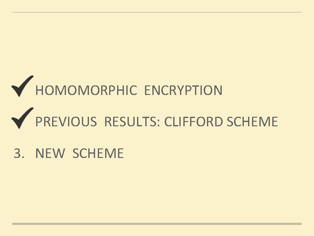 1. HOMOMORPHIC ENCRYPTION 2. PREVIOUS RESULTS: CLIFFORD SCHEME 3. NEW SCHEME 