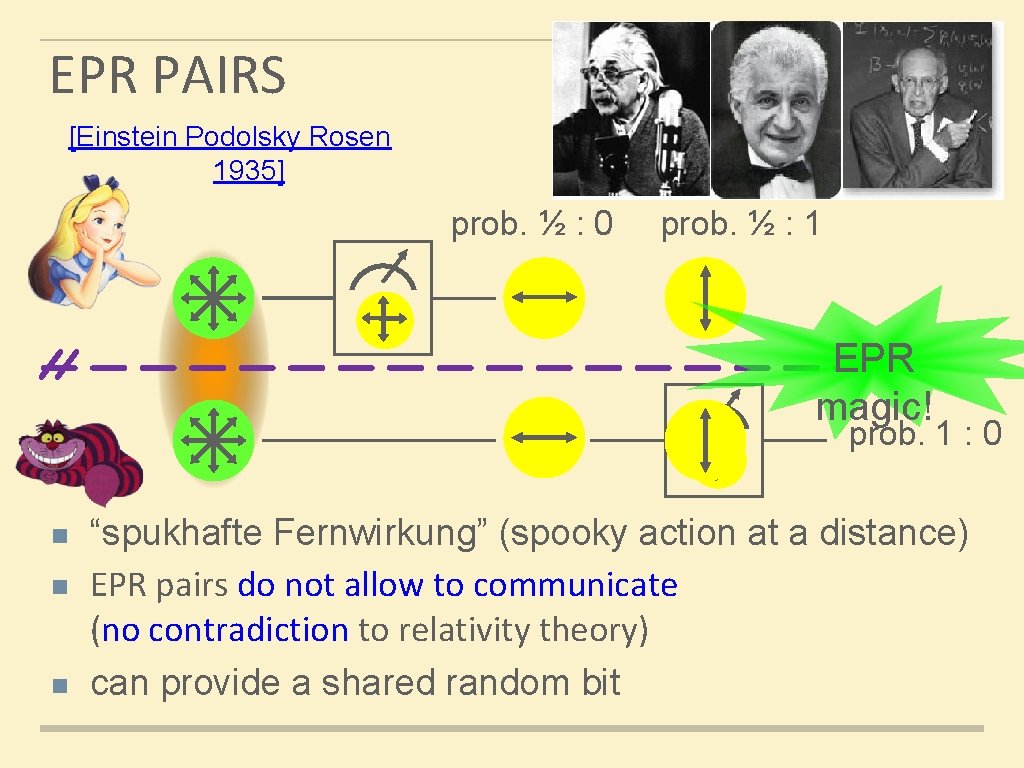 EPR PAIRS [Einstein Podolsky Rosen 1935] prob. ½ : 0 prob. ½ : 1