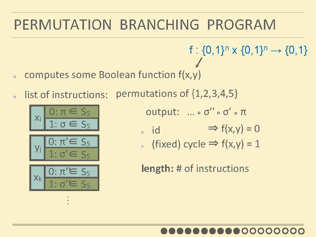 PERMUTATION BRANCHING PROGRAM f : {0, 1}n x {0, 1}n → {0, 1} computes