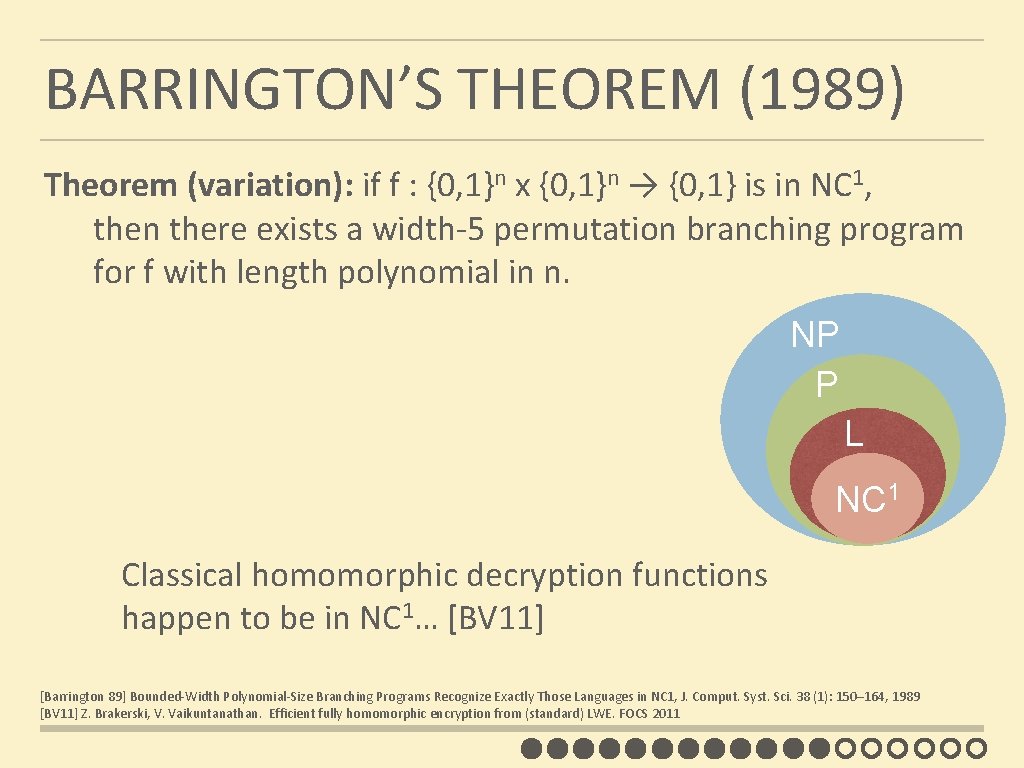 BARRINGTON’S THEOREM (1989) Theorem (variation): if f : {0, 1}n x {0, 1}n →