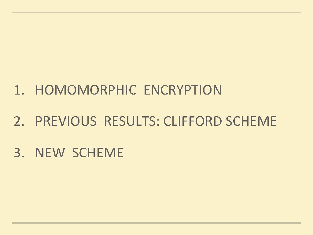 1. HOMOMORPHIC ENCRYPTION 2. PREVIOUS RESULTS: CLIFFORD SCHEME 3. NEW SCHEME 