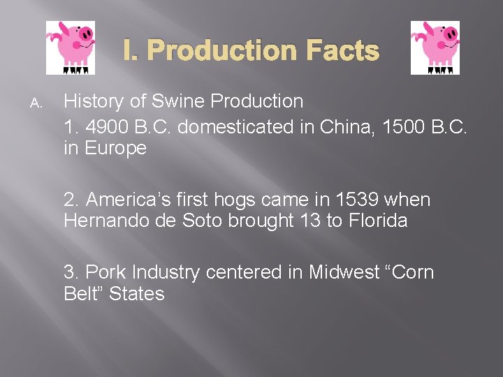 I. Production Facts A. History of Swine Production 1. 4900 B. C. domesticated in