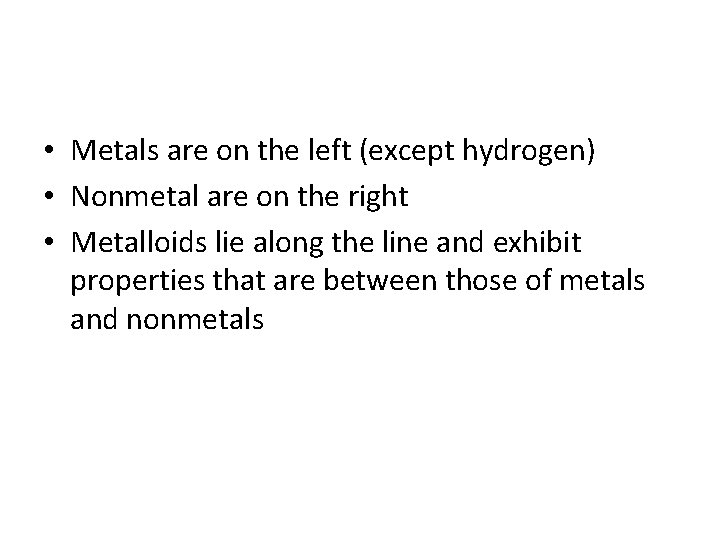  • Metals are on the left (except hydrogen) • Nonmetal are on the