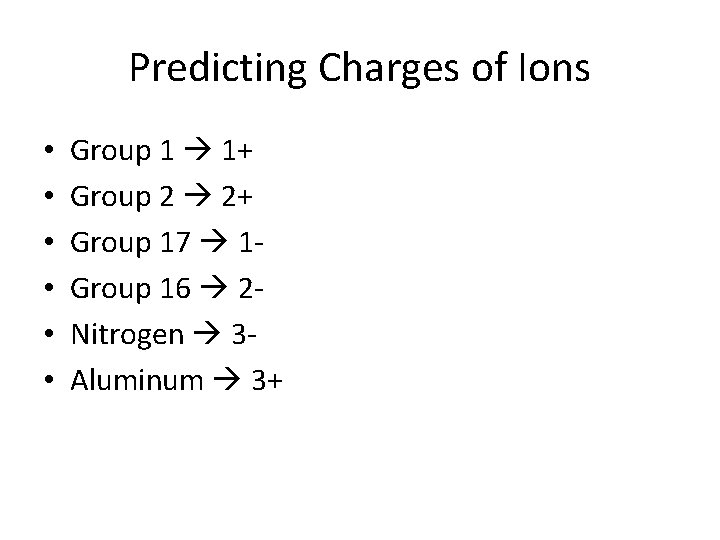 Predicting Charges of Ions • • • Group 1 1+ Group 2 2+ Group