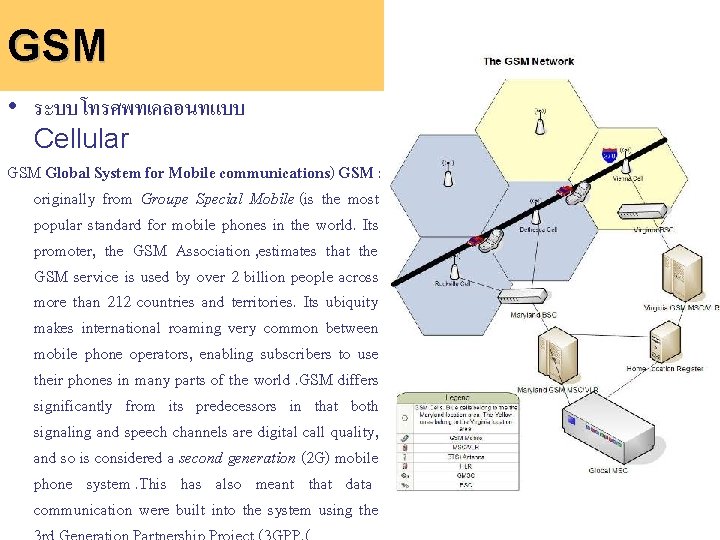 GSM • ระบบโทรศพทเคลอนทแบบ Cellular GSM Global System for Mobile communications) GSM : originally from