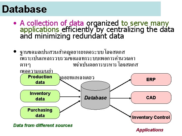 Database • A collection of data organized to serve many applications efficiently by centralizing