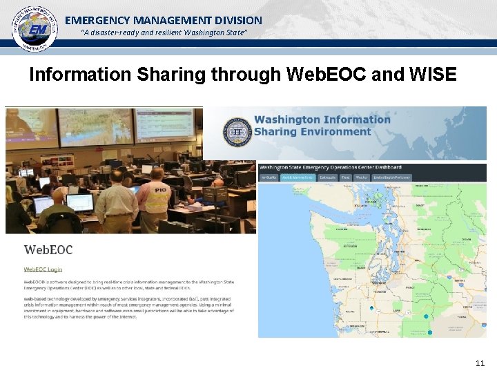 EMERGENCY MANAGEMENT DIVISION “A disaster-ready and resilient Washington State” Information Sharing through Web. EOC