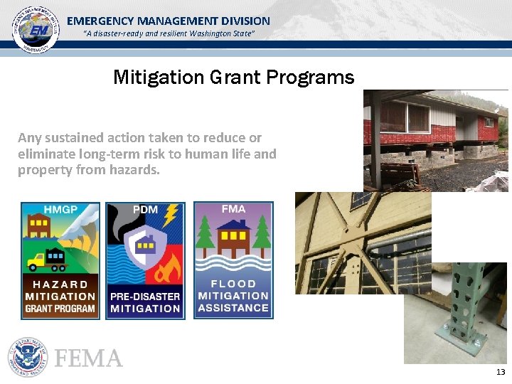 EMERGENCY MANAGEMENT DIVISION “A disaster-ready and resilient Washington State” Mitigation Grant Programs Any sustained