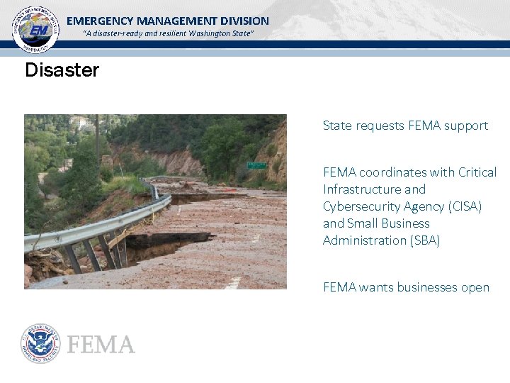 EMERGENCY MANAGEMENT DIVISION “A disaster-ready and resilient Washington State” Disaster State requests FEMA support