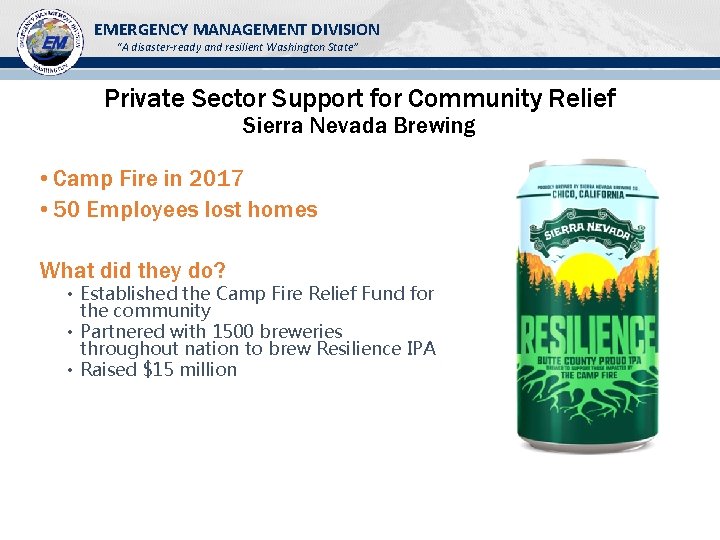 EMERGENCY MANAGEMENT DIVISION “A disaster-ready and resilient Washington State” Private Sector Support for Community