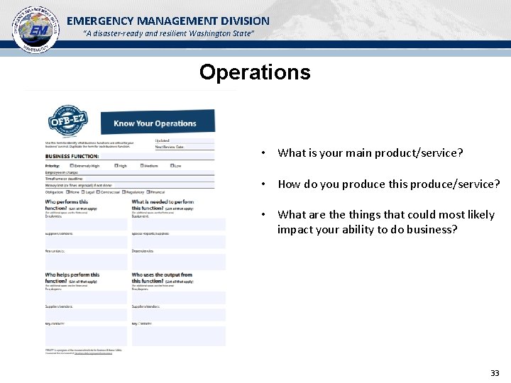 EMERGENCY MANAGEMENT DIVISION “A disaster-ready and resilient Washington State” Operations • What is your