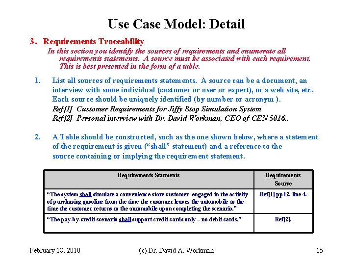 Use Case Model: Detail 3. Requirements Traceability In this section you identify the sources