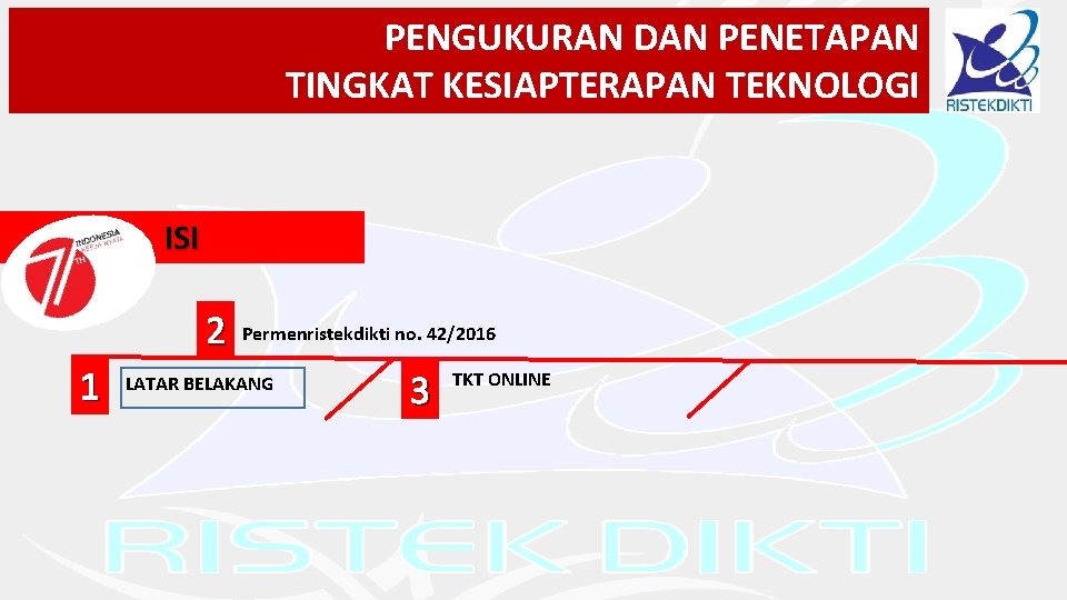 PENGUKURAN DAN PENETAPAN TINGKAT KESIAPTERAPAN TEKNOLOGI ISI 2 1 Permenristekdikti no. 42/2016 LATAR BELAKANG