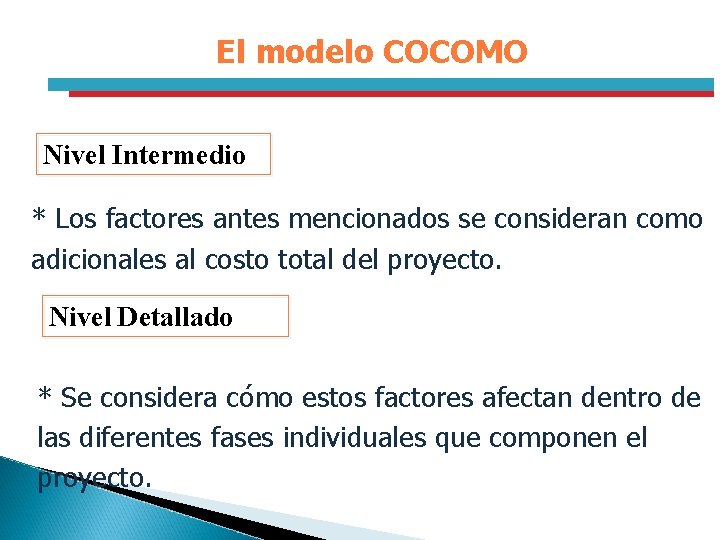 El modelo COCOMO Nivel Intermedio * Los factores antes mencionados se consideran como adicionales